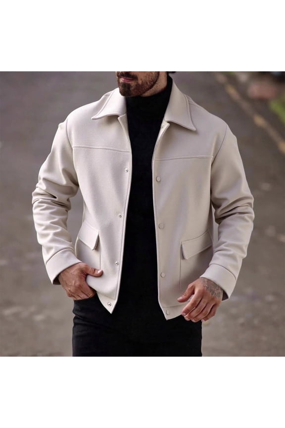 Men's Solid Color Long Sleeve Lapel Wool Button Jacket Hoodless Casual Jacket Soft Warm Cozy for Winter Beige S