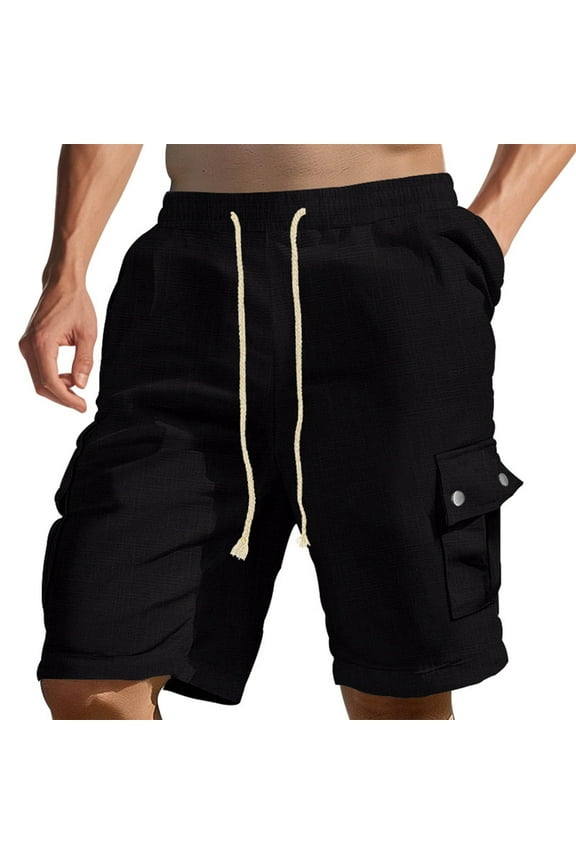 Men's Solid Color Loose Linen Drawstring Multi-Pocket Shorts - Casual Bottoms for Summer Comfort