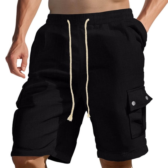 Nuoqisi Men's Solid Color Loose Linen Drawstring Multi-Pocket Shorts - Casual Bottoms for Summer Comfort