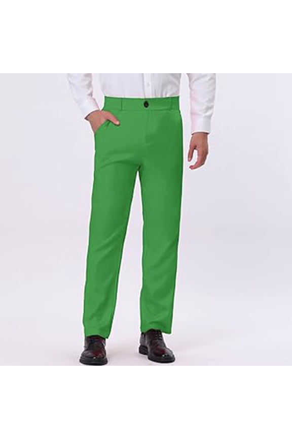 Men's Straight Solid Color Print Pocket Casual Suit Button Pants Green XXL