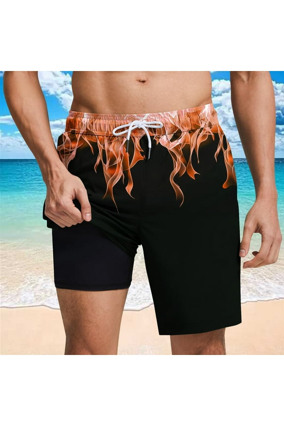 Men's Swim Trunks with Compression Liner Loose Fitted Drawstring Stretch Elastic Waist Stripe Bathing Suit Beach Swimsuits