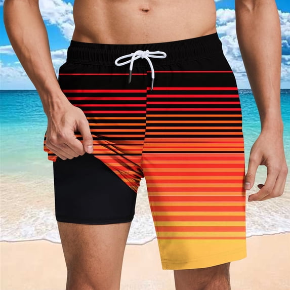 Nuoqisi Men's Swim Trunks with Compression Liner Loose Fitted Drawstring Stretch Elastic Waist Stripe Bathing Suit Beach Swimsuits
