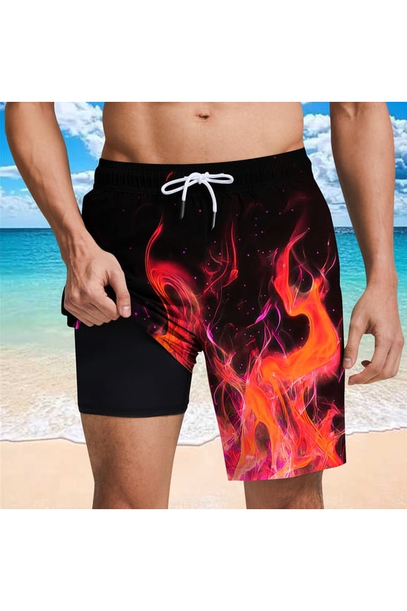 Men's Swim Trunks with Compression Liner Loose Fitted Drawstring Stretch Elastic Waist Stripe Bathing Suit Beach Swimsuits