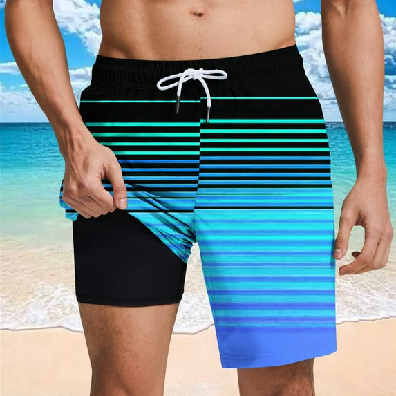 Nuoqisi Men's Swim Trunks with Compression Liner Loose Fitted Drawstring Stretch Elastic Waist Stripe Bathing Suit Beach Swimsuits
