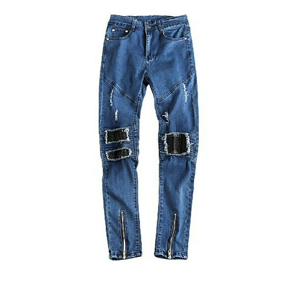 Nuoqisi Men's Tight-fitting Ripped Straight Hip-hop Stretch Motorcycle Trouser Dark Blue M