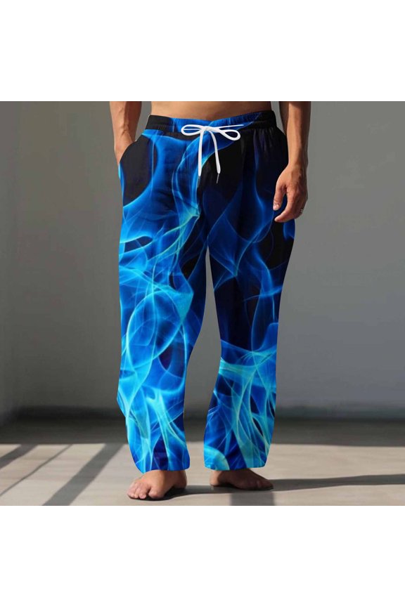 Men's Wide Leg Straight Pants with Elastic Drawstring Home Flame Print Bold Pattern Lounge Trousers with Adjustable Waist for Stylish Home Comfort
