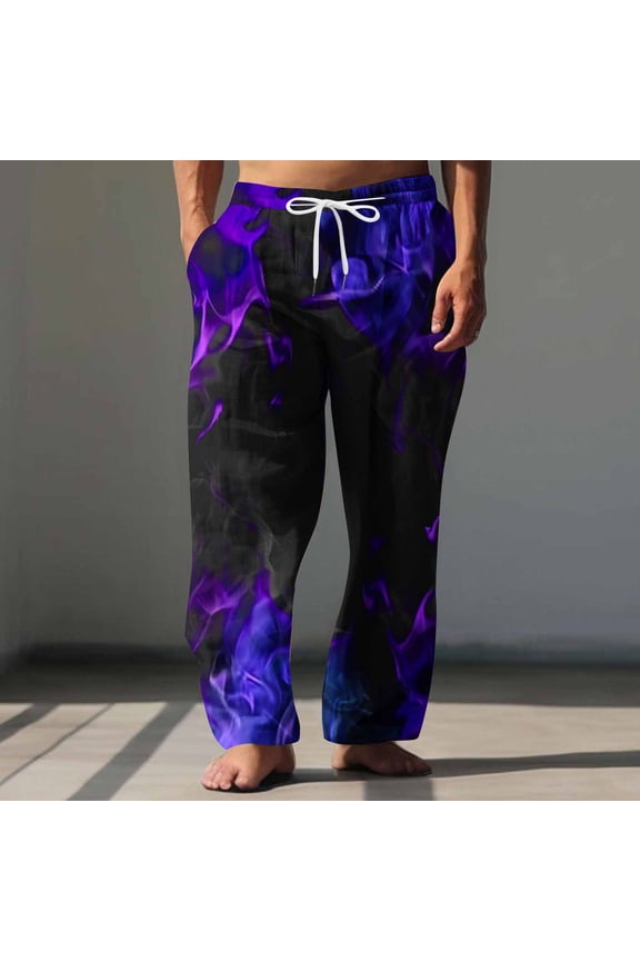 Men's Wide Leg Straight Pants with Elastic Drawstring Home Flame Print Bold Pattern Lounge Trousers with Adjustable Waist for Stylish Home Comfort