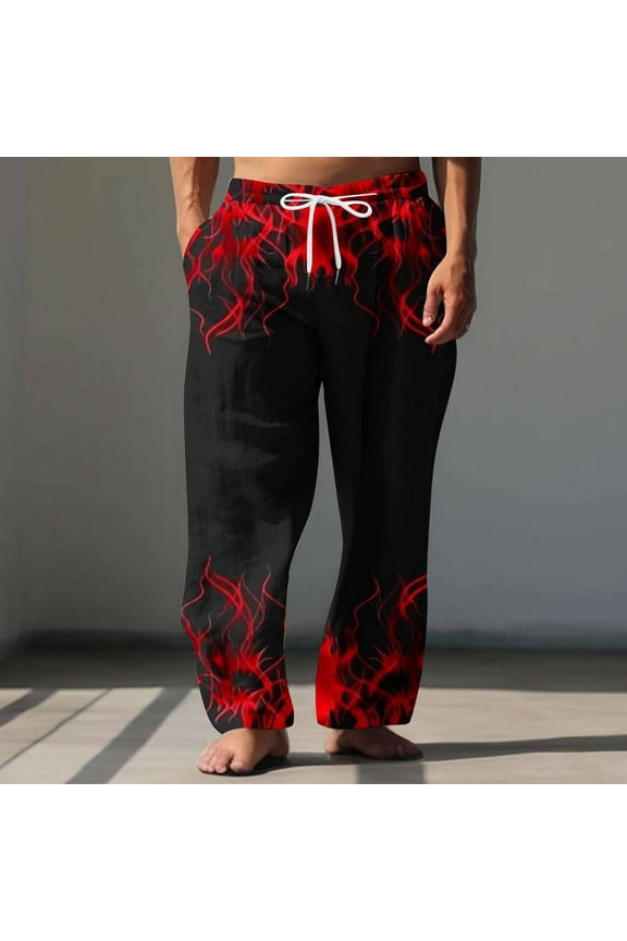Men's Wide Leg Straight Pants with Elastic Drawstring Home Flame Print Breathable Lounge Trousers with Unique Flame Design for Summer and Spring