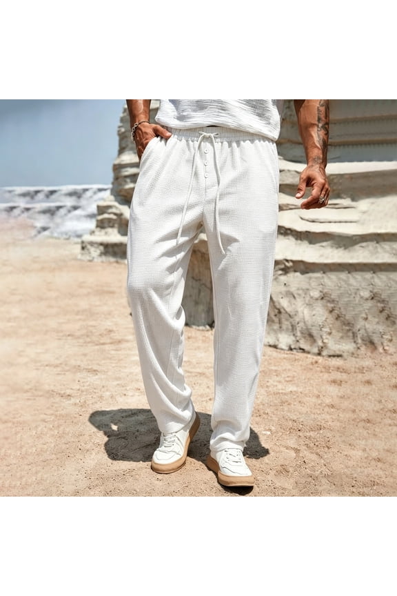 Mens Solid Cinched Waist Drawstring Button Waffle Texture Casual Sport Long Pants for Lounge Home Sleep Weekend Relax Morning Coffee Evening Chill