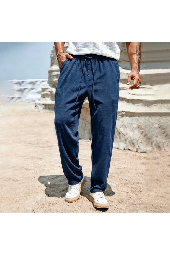 Mens Solid Cinched Waist Drawstring Button Waffle Texture Casual Sport Long Pants for Lounge Home Sleep Weekend Relax Morning Coffee Evening Chill
