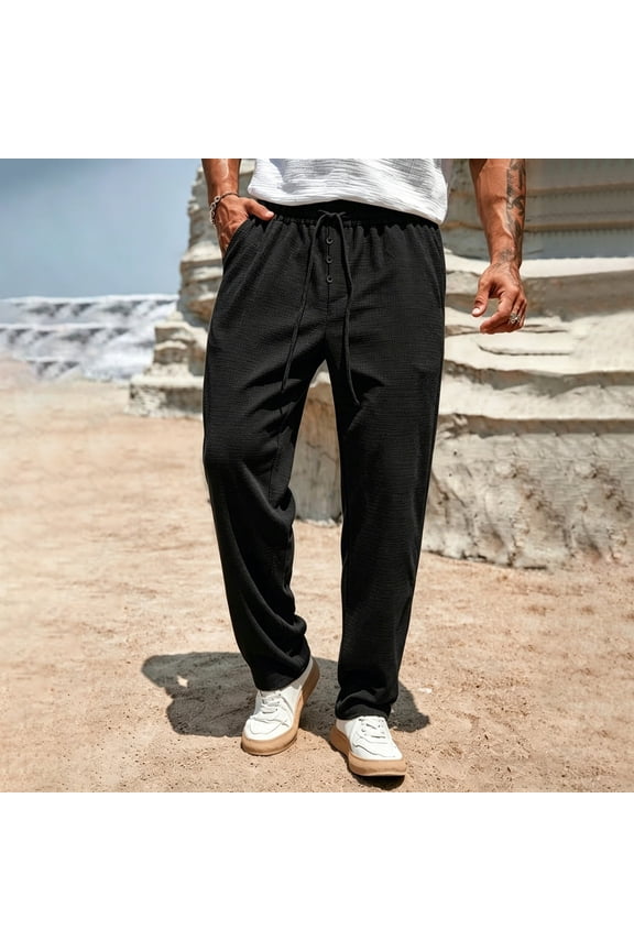 Mens Solid Cinched Waist Drawstring Button Waffle Texture Casual Sport Long Pants for Lounge Home Sleep Weekend Relax Morning Coffee Evening Chill