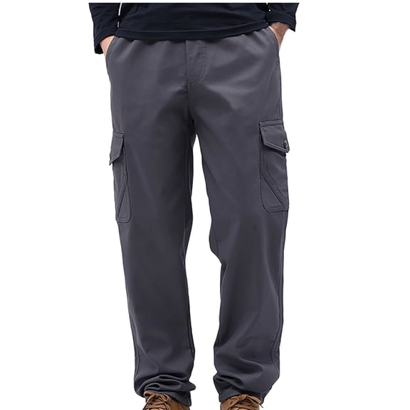 Nuoqisi Mens Solid Elastic Waist Outdoor Hiking Fleece Lined Pockets Long Pants for Winter Cold Weather Mountain Climbing Snowy Trail Walking Camping Trip