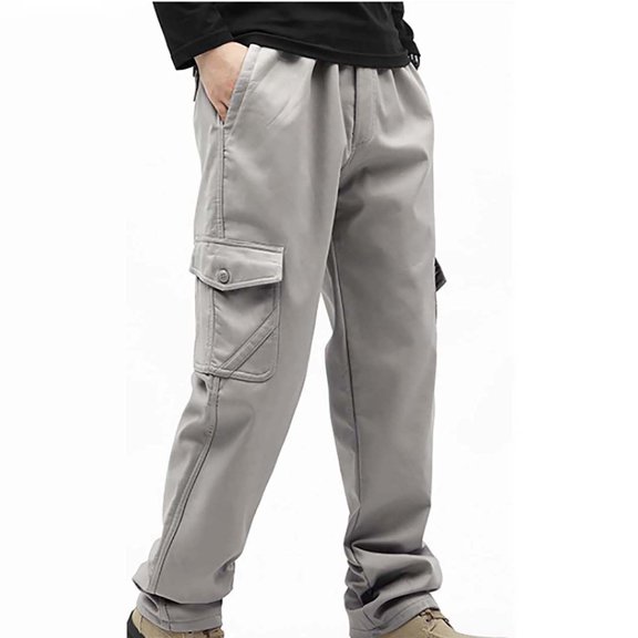 Nuoqisi Mens Solid Elastic Waist Outdoor Hiking Fleece Lined Pockets Long Pants for Winter Cold Weather Mountain Climbing Snowy Trail Walking Camping Trip