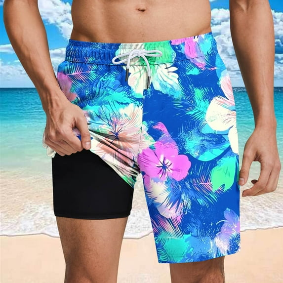 Nuoqisi Mens Swim Trunks Bathing Suit Mens Swimwear Shorts Quick Dry with Compression Liner Print Beach Board with Pocket and Drawstring