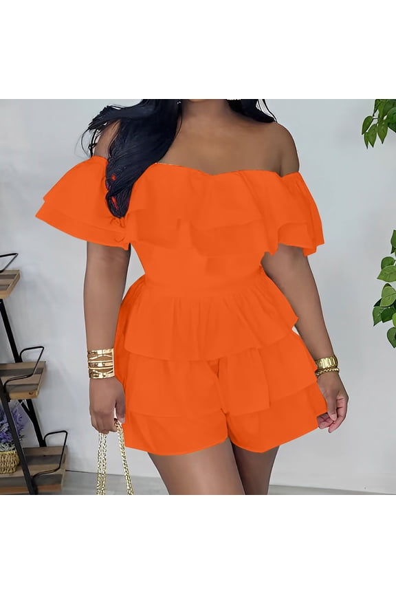 Off The Shoulder Rompers for Women 2026, Jumpsuits for Women Shorts, Womens Off Shoulder Romper Ruffle Hem Jumpsuits Short Rompers