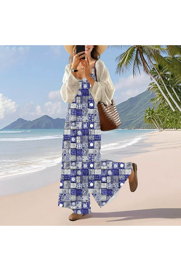 Overalls for Women Wide Leg Boho Jumpsuits Sleeveless Crew Neck Loose Fitted Baggy Casual Outfits with Pockets