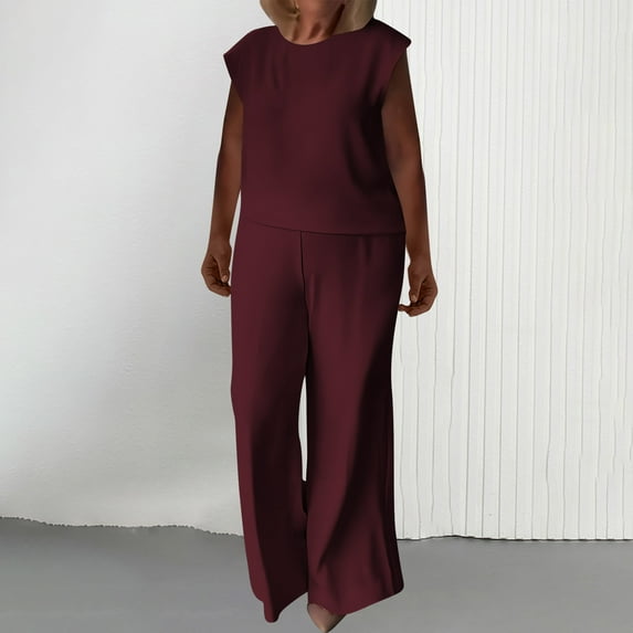 Nuoqisi Pants Suits for Women Summer 2 Piece Outfits Sleeveless Top Mid Waist Wide Leg Pants Casual Sets
