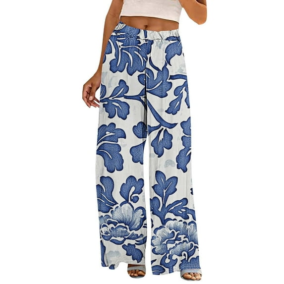 Nuoqisi Pants for Women Casual 2026 Summer High Waist Elastic Waist Floral Wide Leg Pant Trendy Boho Trousers Fashion Beach Outfits