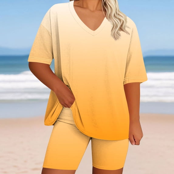 Nuoqisi Plus Size Two Piece Outfits for Women Summer Oversized Workout V Neck T Shirts Biker Shorts Matching Sets