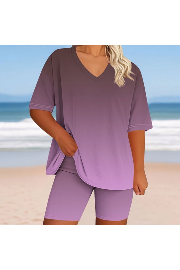 Plus Size Two Piece Outfits for Women Summer Oversized Workout V Neck T Shirts Biker Shorts Matching Sets