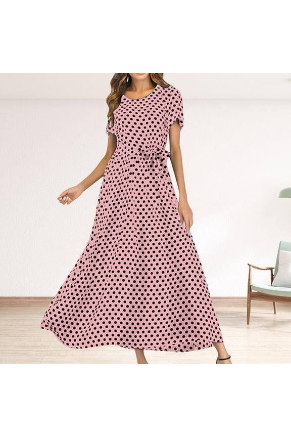Round Neck Short Sleeve Tie-Front Beach Polka Dot Print Dress - Casual Mini Dress with Adjustable Waist