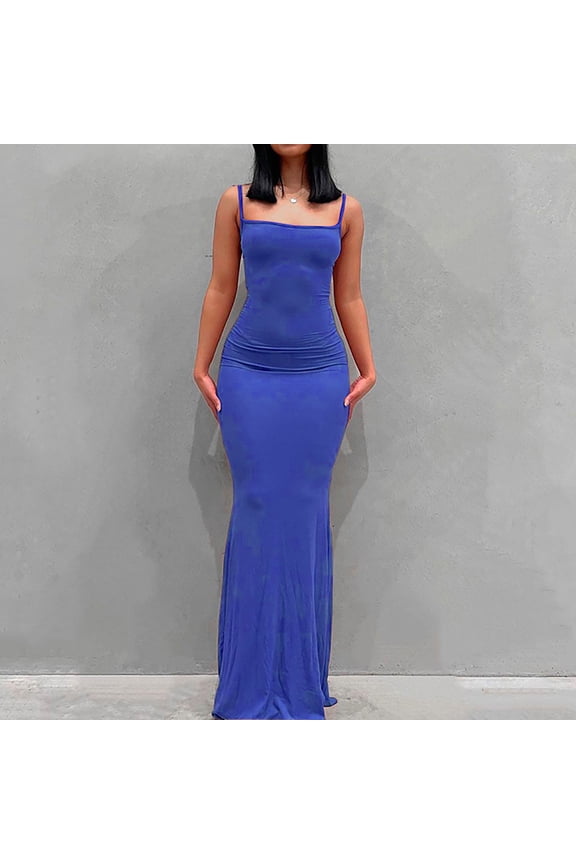 Round Neck Sleeveless Solid Strap Tank Women's Long Slim Fit Dress - Fitted Maxi Dress with Minimalist Design