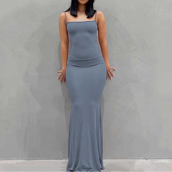 Nuoqisi Round Neck Sleeveless Solid Strap Tank Women's Long Slim Fit Dress - Fitted Maxi Dress with Minimalist Design