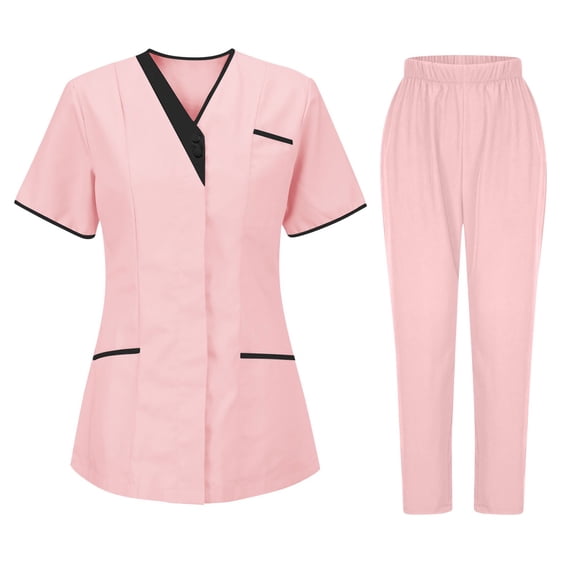 Nuoqisi Scrubs Set for Women Medical Uniform– V-Neck Top & Straight Leg Pants with Pockets for Nurse Workwear