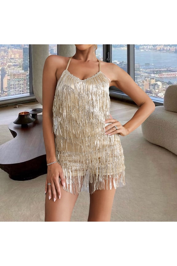 Sequin Fringe Romper,Sparkly Glitter Metallic Jumpsuits For Women,Backless Shorts Dress Disco Birthday Dance Outfit