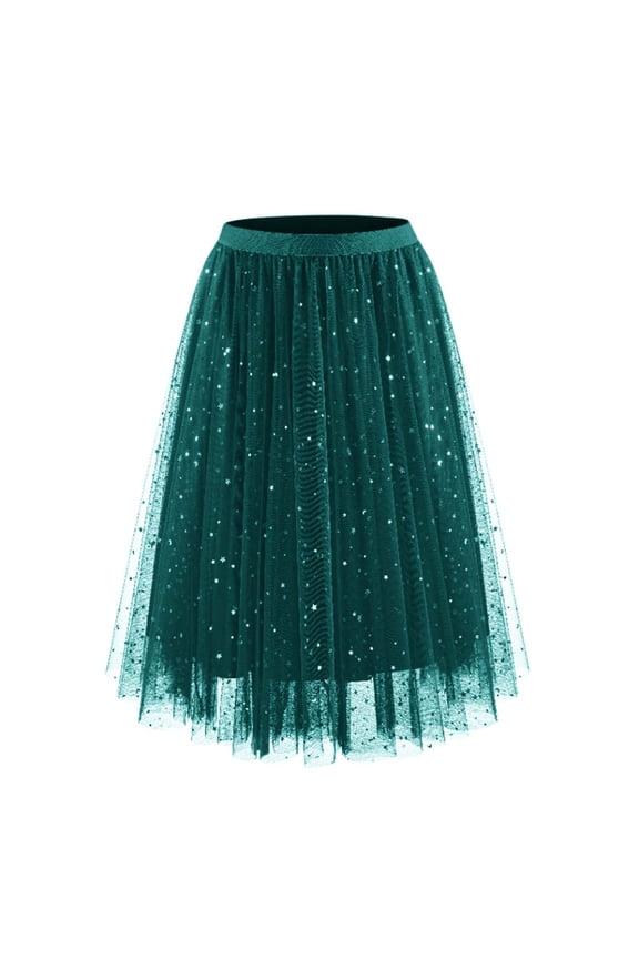 Sequin Tulle Skirts for Women Midi Long Fairy Skirt Tutu A-Line Elastic High Waisted Wedding Party Skirt with Lining