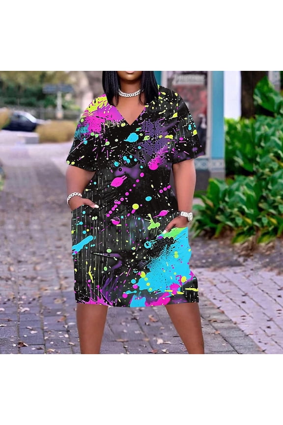 Splatter Neon Women's Plus Size Dress Summer Loose Fitted V-Neck Short Sleeve Dresses with Pockets Beach Holiday 2026