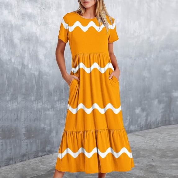 Nuoqisi Summer Dress for Women 2026 Elegant Swing Flowy Ruffle Crew Neck Boho Sun Dresses Trendy Casual Vacation Long Sundresses with Pockets
