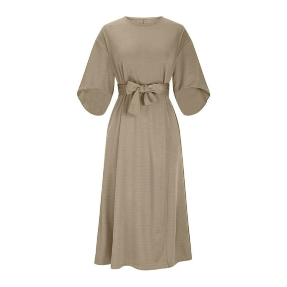Nuoqisi Summer Dress for Women 3/4 Sleeve Round Neck Loose Fitted Belted Long Modest Casual Fashion Dress 2026
