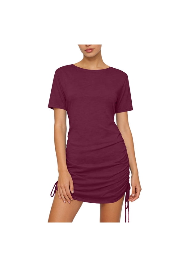 Summer Dress for Women Casual Slim Fitted Fashion Solid Rib Knit Short Sleeve Round Neck Drawstring Ruched Bodycon Mini T Shirt Dress Dance