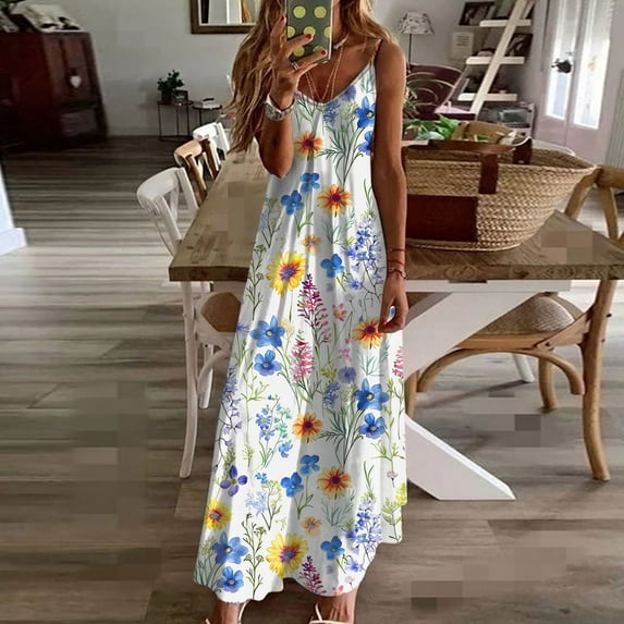 Nuoqisi Summer Dresses for Women 2026 Vacation, Floral V-Neck Short Sleeve Maxi Dresses, Boho Beach Long Sundresses