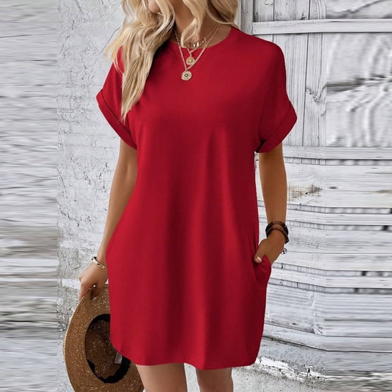 Nuoqisi Summer Dresses for Women Casual Short T Shirt Dress Short Sleeve Round Neck Straight Loose Flowy Mini Tee Shirt Dress