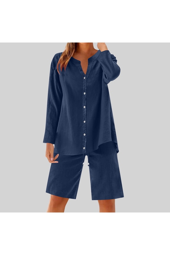 Summer Sets for Womens Loose Fitted Button Shirt Top Solid Color Short Sleeve Casual and Shorts with Drawstring