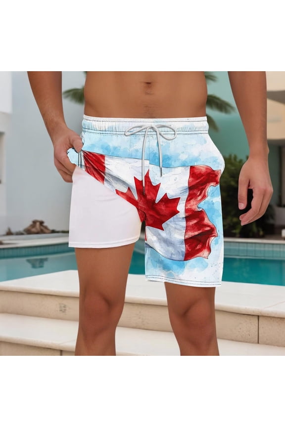 Summer Swim Trunks for Mens Canadian Maple Leaf Printing Quick Dry Board Shorts Beach Layered Lining Bathing Suit with Side Pockets and Drawstring