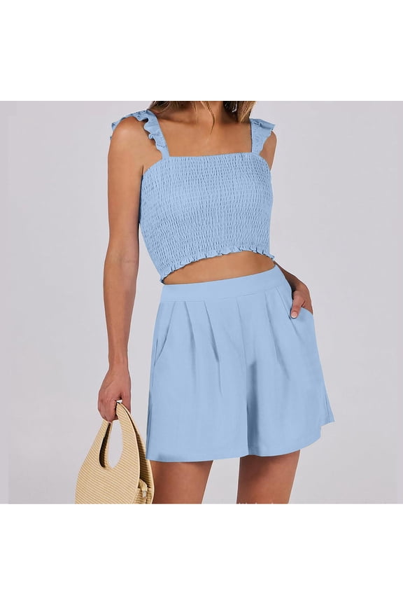 Summer Women's Sets Square Neck Smocked Ruffle Cap Sleeve Cami Peplum Top and Shorts with Pockets