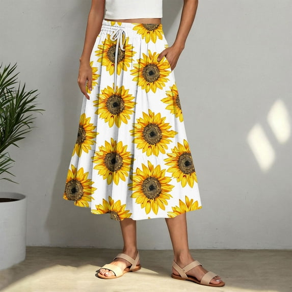 Nuoqisi Vacation Outfits Long Skirts for Women Boho Maxi Skirt Elastic High Waist Drawstring Dress with Pockets Fashion