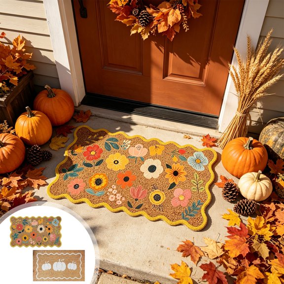 Nuoqisi Washable Area Rug for Entryway: Non Slip Floral Small Runner Rug | Scalloped Carpet for Kitchen Floor Sink - Soft Boho Chic Ultra Thin Throw Bath Mat for Bathroom Essential Decor , A