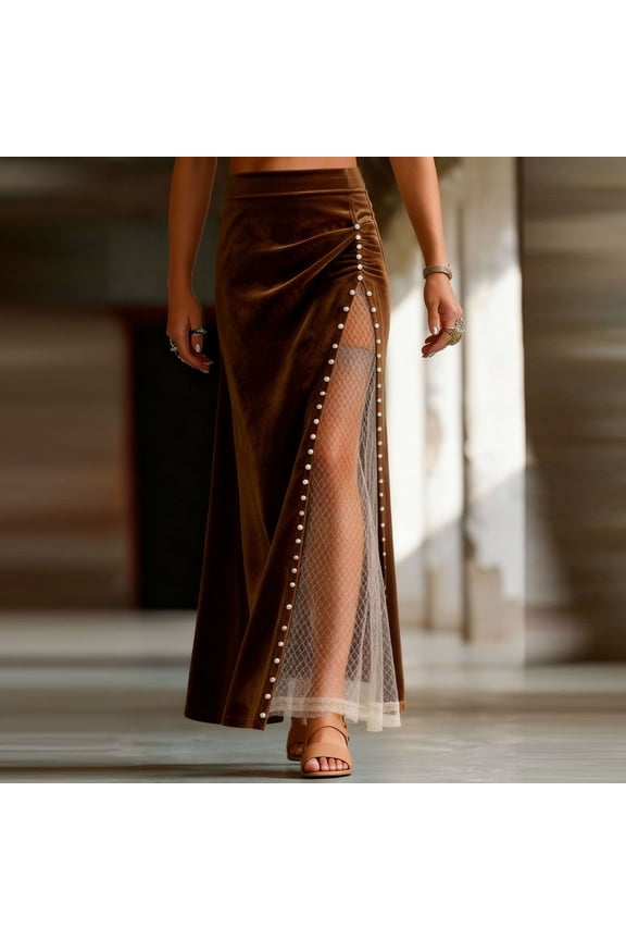 Western Cowboy Split Skirt, Vintage Hollow Out A-Line High Waist Skirts Long Skirts for Women, Buttons Down Straight Casual Spring Skirt