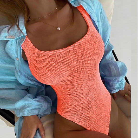 Nuoqisi Women One Piece Swimsuit Tummy Control Solid Ribbed Monokini Swimwear Scoop Neck Low Back Bathing Suit Beach 2026