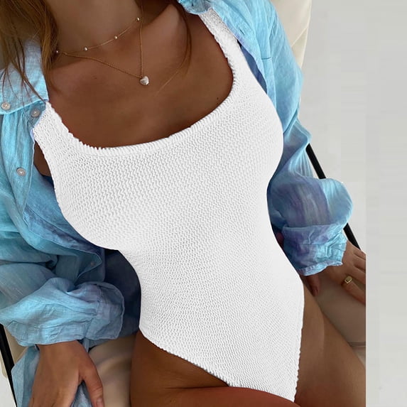 Nuoqisi Women One Piece Swimsuit Tummy Control Solid Ribbed Monokini Swimwear Scoop Neck Low Back Bathing Suit Beach 2026