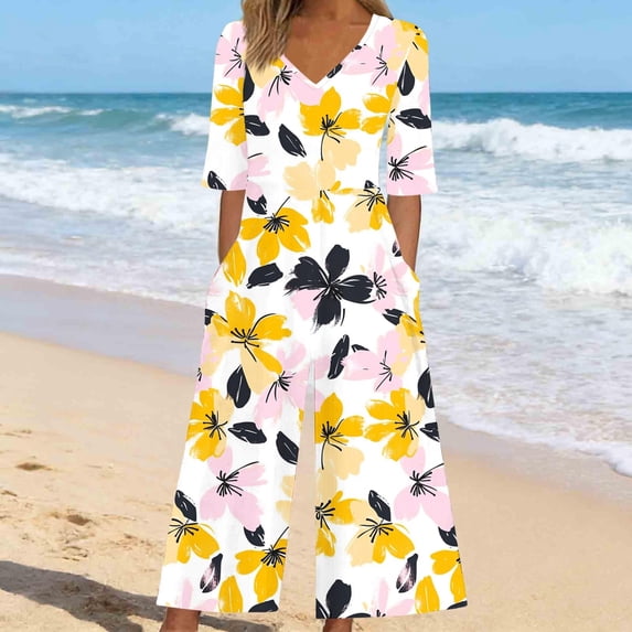 Nuoqisi Women Summer Floral Print Casual Short Sleeved V-neck Back Zipper Side Pocket Jumpsuit Pants