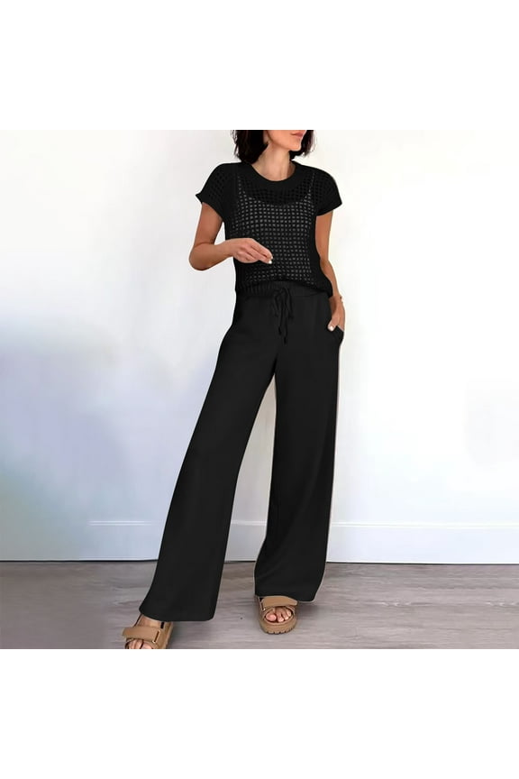 Women Summer Sets Short Sleeve Crochet Sheer Knit Sweater Top Beach Cover Up Hollow Out See Through T-Shirts and Drawstring Pants Suits