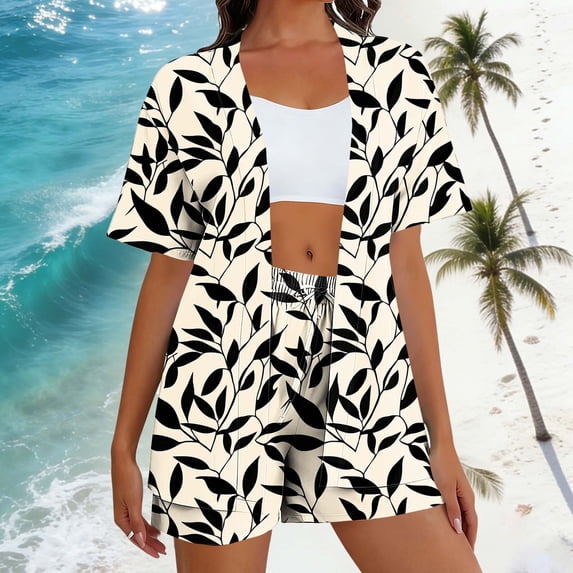 Nuoqisi Women's 2 Piece Hawaiian Vacation Outfits Tropical Print Short Sleeve Shirts and Shorts Beach Sets Resort Wear