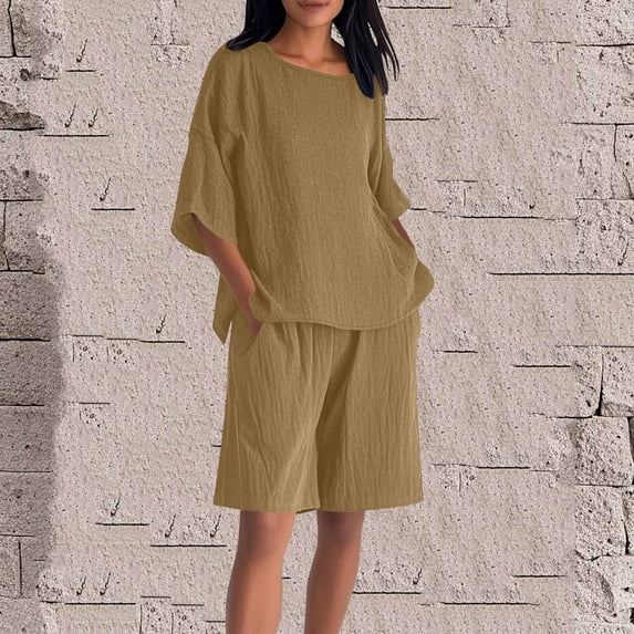 Nuoqisi Women's 2 Piece Outfits Short Sleeve Top Wide Leg Trouser Shorts Suits Summer Casual Loose Fitted Dressy Sets 2026