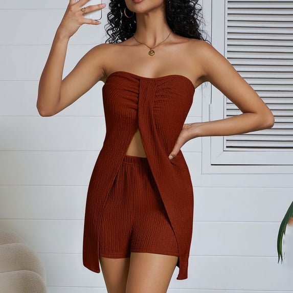 Nuoqisi Women's 2 Piece Outfits Strapless Split Hem Tube Top & Biker Shorts Textured Fashion Loose Fitted Matching Set