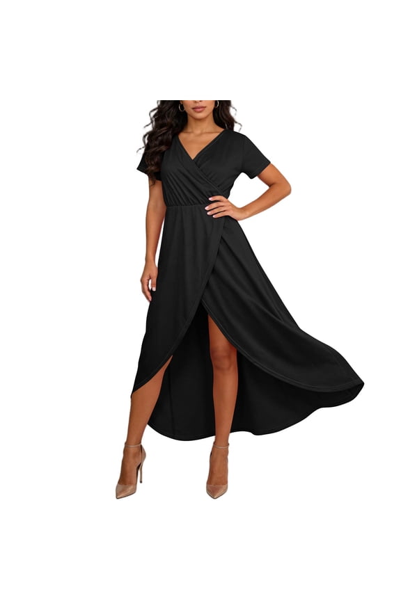 Women's 2026 Spring Cross Midi Dress Casual Boho Deep V Neck Short Sleeve Solid Pleat Split Beach Long Dresses